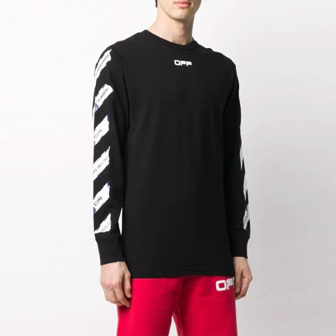 Airport Tape Printing Stripe Round Neck Black