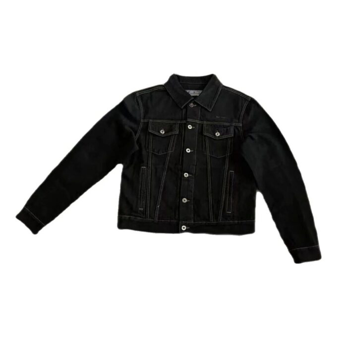Alphabet Patterned Turn Down Collar Denim Jacket “Black”