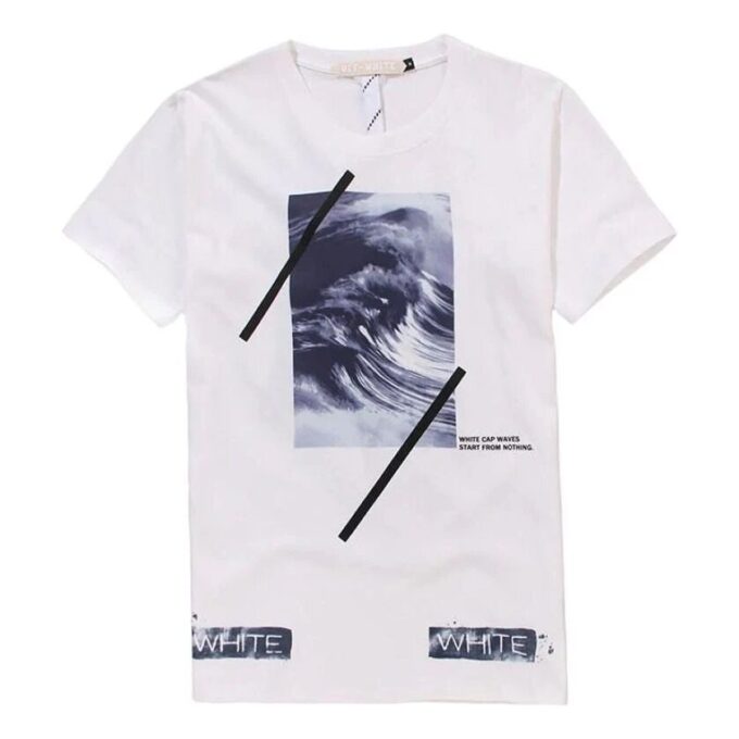 Alphabet Waves Printing Round Neck Casual Short Sleeve White T-Shirt