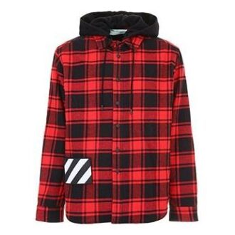 Contrasting Colors Plaid hooded Shirt Red