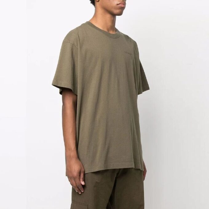 Diag Tab Solid Color Round Neck Short Sleeve Olive Green