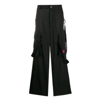 Embroidered Cargo Long Pants Loose Fit Black