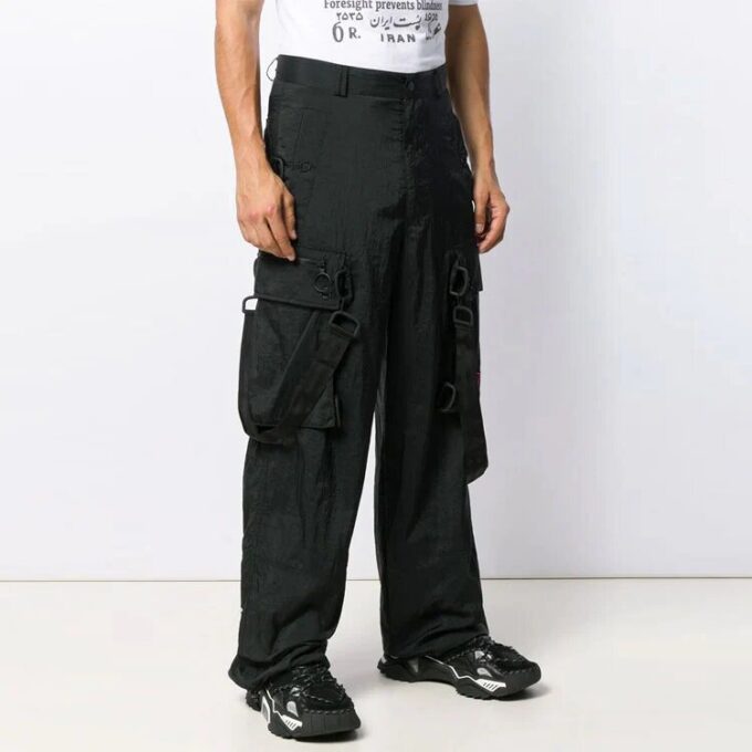 Embroidered Cargo Long Pants Loose Fit Black
