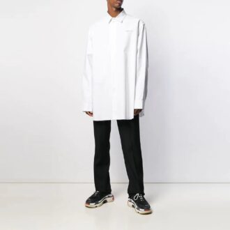 Embroidered Pattern Solid Color Long Sleeves Shirt Loose Fit White