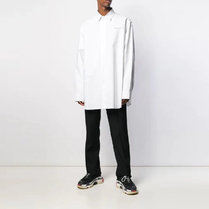 Embroidered Pattern Solid Color Long Sleeves Shirt Loose Fit White