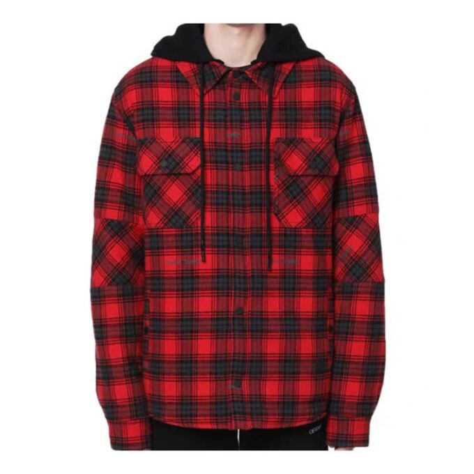 flannel hooded Plaid Shirt Jacket Red