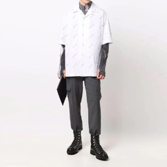 Full Print Short Sleeve Button Shirt Loose Fit White