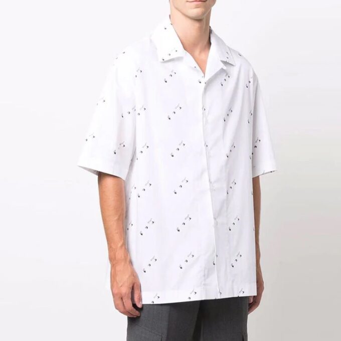 Full Print Short Sleeve Button Shirt Loose Fit White