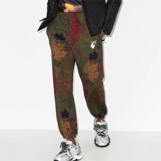 FW20 Leaf Applique Close-fitting Sports Pants Men’ s Khaki/Green
