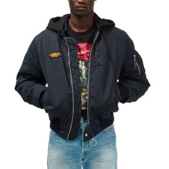 FW20 Stencil Vintage Applique Hooded Long-sleeve Jacket Men’ s Navy Blue