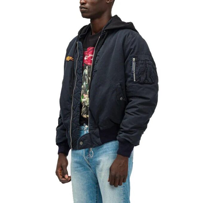 FW20 Stencil Vintage Applique Hooded Long-sleeve Jacket Men’ s Navy Blue