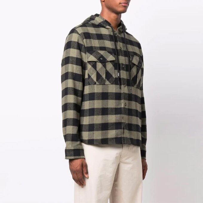 FW21 Arrow Pattern Logo Printing Plaid hooded Long Sleeves Shirt Version Green