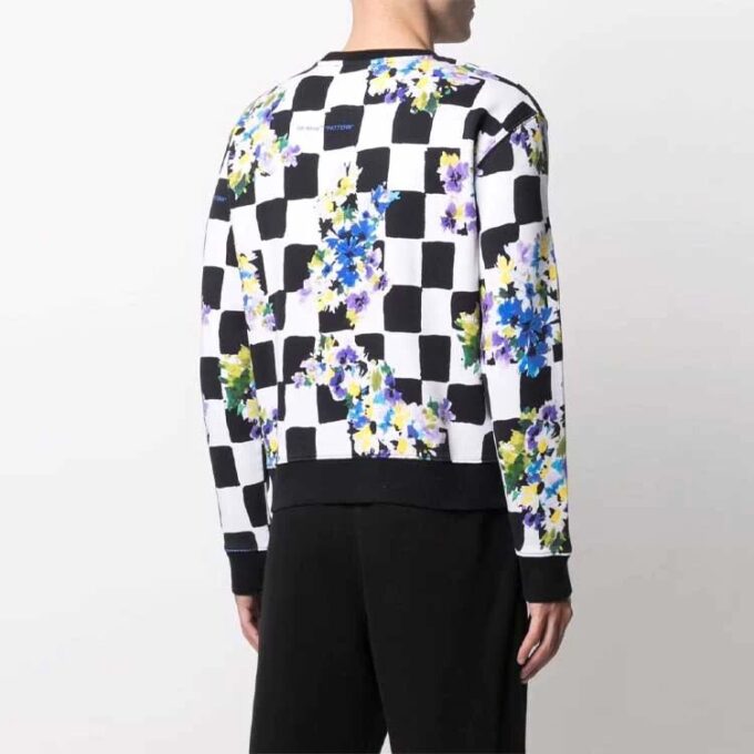 FW21 Flowers Printing Plaid Round Neck Pullover Version Black