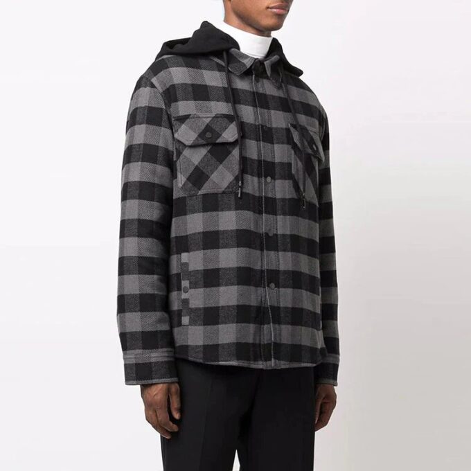 FW21 Plaid hooded Long Sleeves Shirt Loose Fit Black
