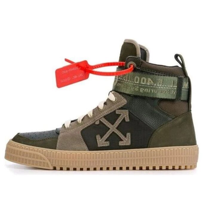 Industrial Paneled Leather And Suede High-top Sneakers ArmyGreen