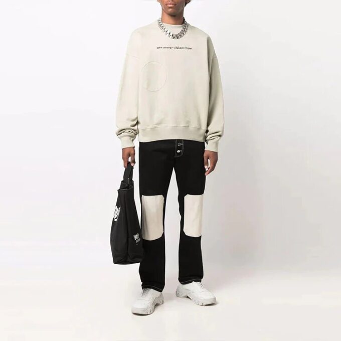 Logo Embroidered Solid Color Long Sleeves Loose Fit Beige