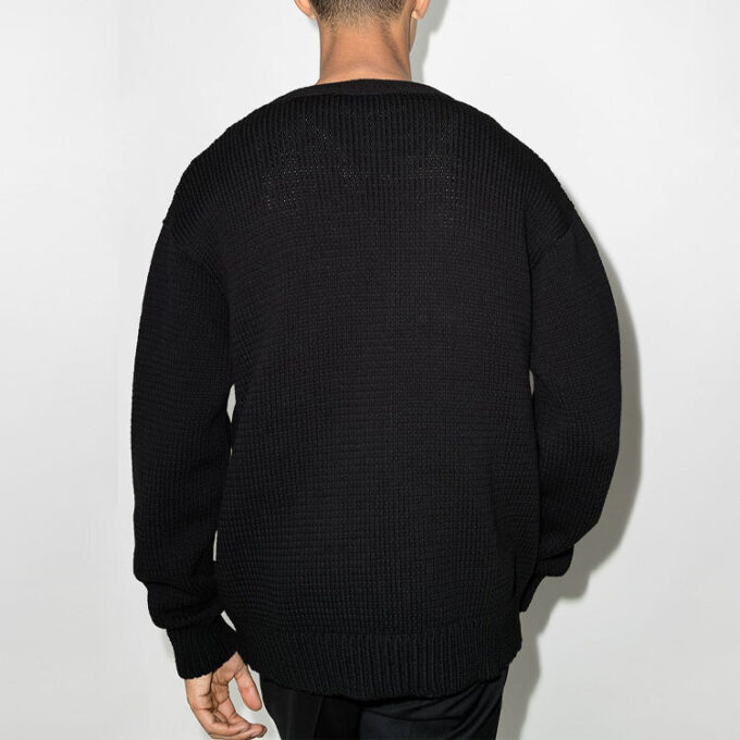 Logo Intarsia V neck single breasted Knit Cardigan Loose Fit Black