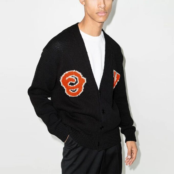 Logo Intarsia V neck single breasted Knit Cardigan Loose Fit Black