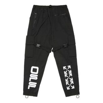 Logo Print Cargo Pants Functional Casual Pants Black