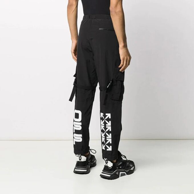 Logo Print Cargo Pants Functional Casual Pants Black