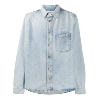 Logo Printed Long-Sleeve Denim Shirt Men Blue