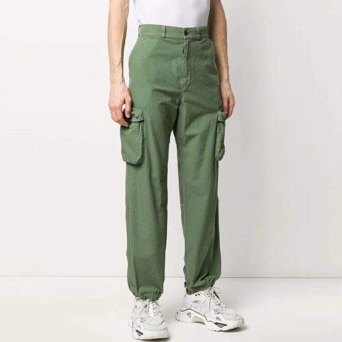 Multiple Pockets Bundle Feet Straight Long Pants Loose Fit Green