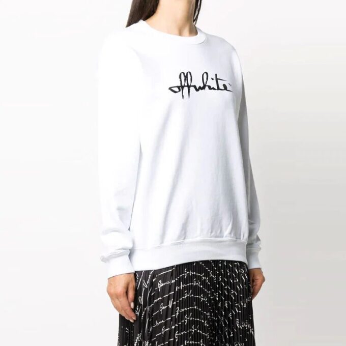 Off-White Cotton Printing Round Neck Pullover White Hoodie