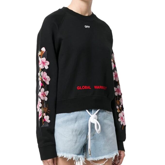 Off-White Fw17 Cherry Blossoms Embroidery Floral Round Neck Sweater