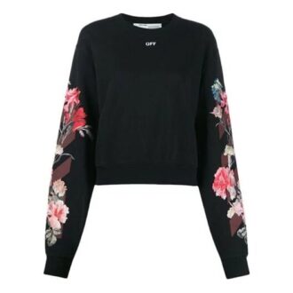 Off-White Logo Flowers Printing Long Sleeves Hoodie Black