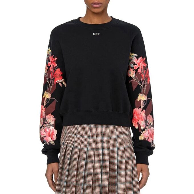 Off-White Logo Flowers Printing Long Sleeves Hoodie Black