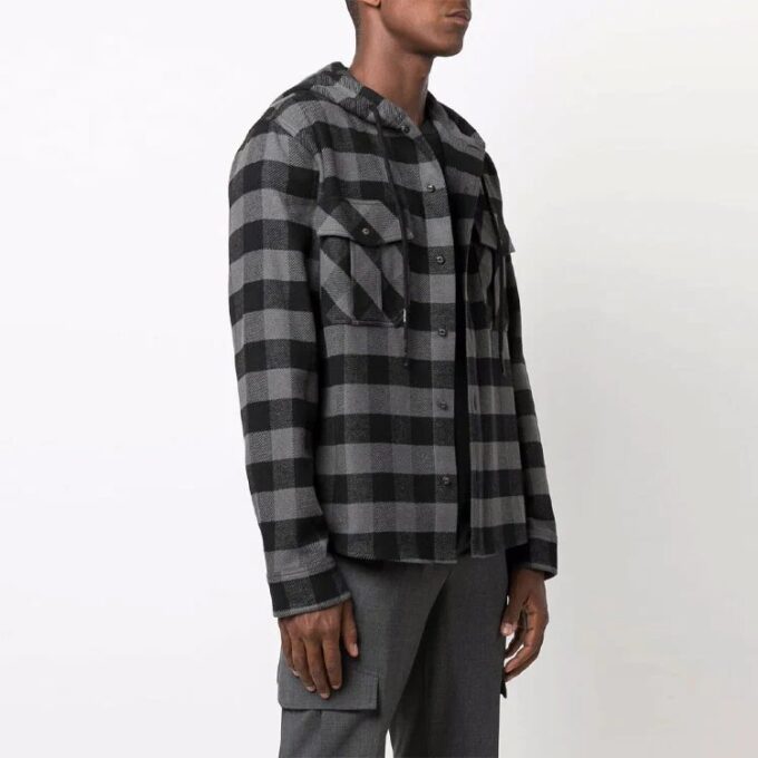 Off-White Men’ s Arrow Flannel Plaid Crossover Long Sleeves Black Shirt