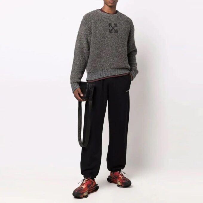 Off-White Men’ s Arrow Pattern Logo Jacquard Solid Color Wool Sweater Gray