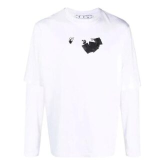 Off-White Men’ s Arrow Pattern Printing Double Layer Sleeve Long Sleeves Loose Fit White T-Shirt