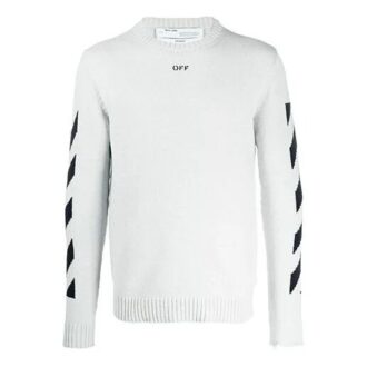 Off-White Men’ s Arrows Diagonal Stripes Intarsia Pullover Wool Sweater Slim Fit White