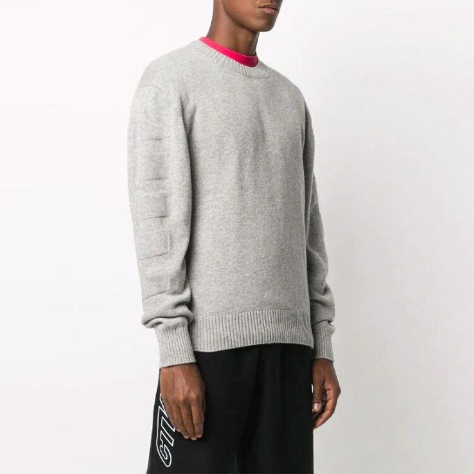 Off-White Men’ s Arrows Round Neck Pullover Long Sleeves Wool Sweater Loose Fit Gray