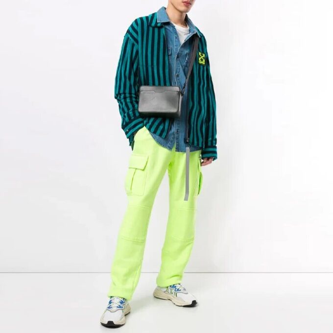 Off-White Men’ s Cargo Pocket Elastic Waistband Sports Pants/Trousers/Joggers Fluorescent Green