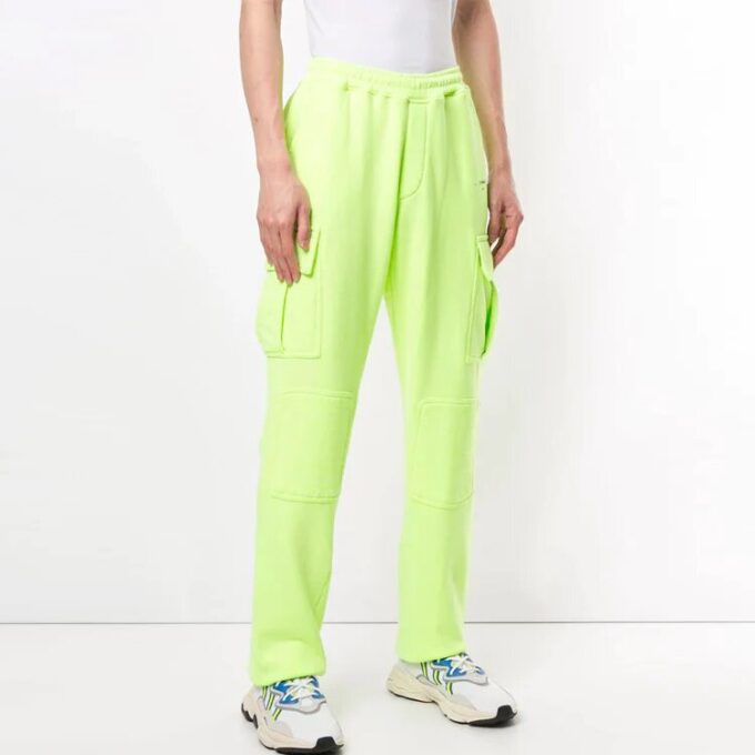 Off-White Men’ s Cargo Pocket Elastic Waistband Sports Pants/Trousers/Joggers Fluorescent Green