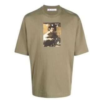 Off-White Men’ s Character Printing Round Neck Pullover Short Sleeve Loose Fit Green T-Shirt
