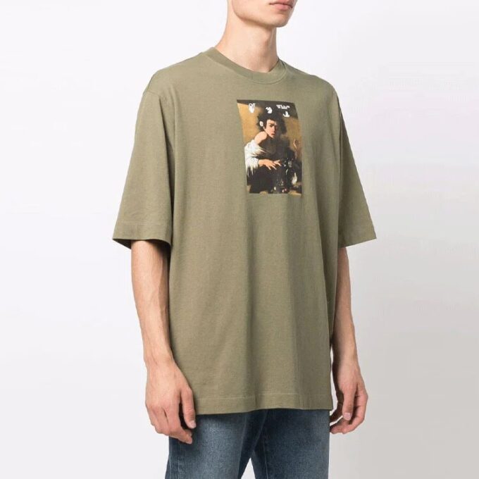 Off-White Men’ s Character Printing Round Neck Pullover Short Sleeve Loose Fit Green T-Shirt