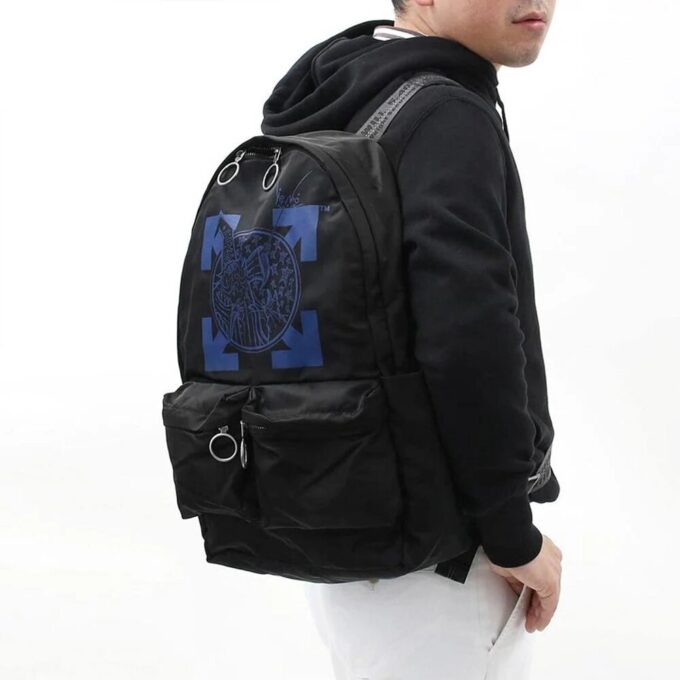 Off-White Men’ s Classic Arrow Logo Adornment Zipper Handbag Backpack Black