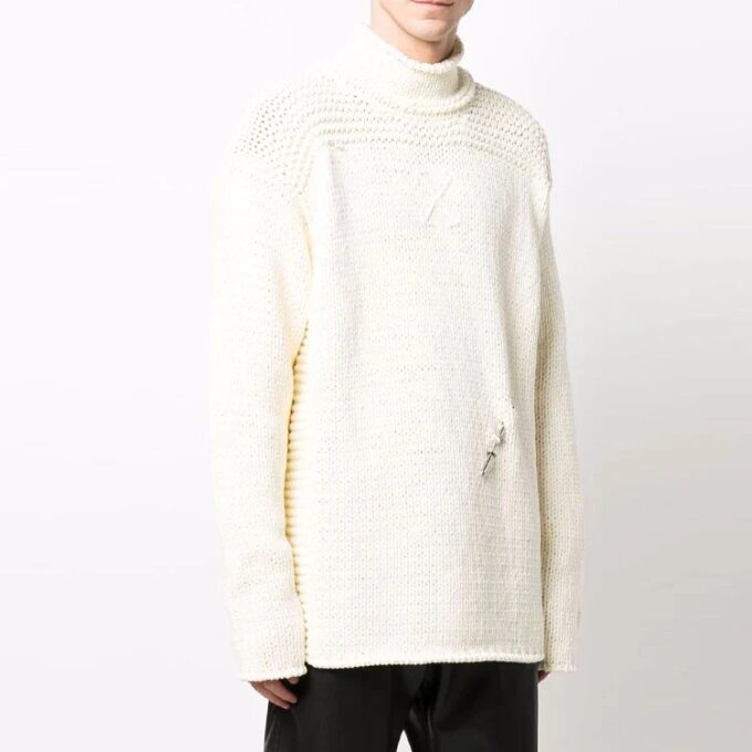 Off-White Men’ s Detail Knit Solid Color High Collar Wool Sweater Loose Fit White