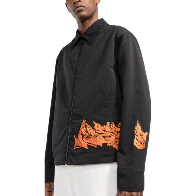 Off-White Men’ s Embroidered Pattern Zipper Black Jacket