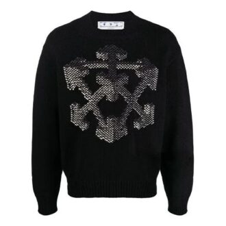 Off-White Men’ s FW21 3D Arrow Pattern Knit Pullover Wool Sweater Loose Fit Black
