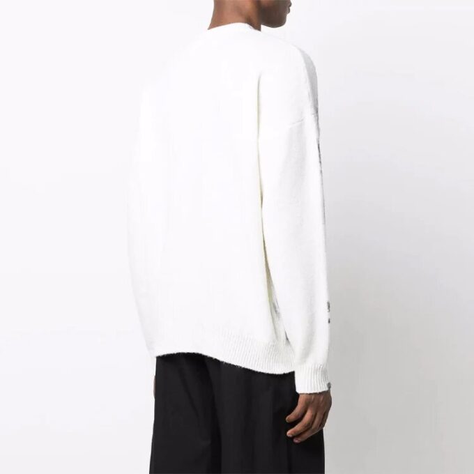 Off-White Men’ s FW21 Abstract Printing Round Neck Pullover Wool Sweater Loose Fit White