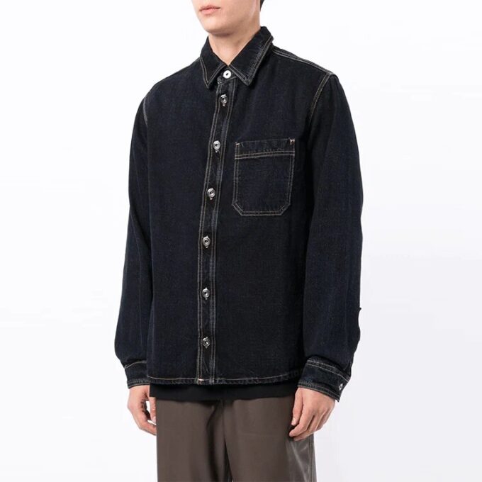 Off-White Men’ s FW21 Adornment Slogan Denim Long Sleeves Denim Deep Blue Shirt