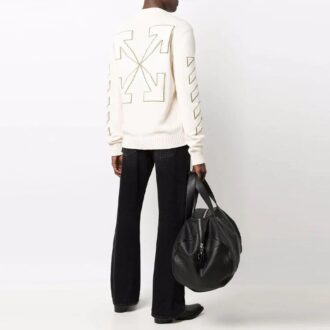 Off-White Men’ s FW21 Arrow Pattern Knit Long Sleeves Round Neck Wool Sweater White