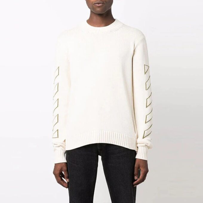 Off-White Men’ s FW21 Arrow Pattern Knit Long Sleeves Round Neck Wool Sweater White