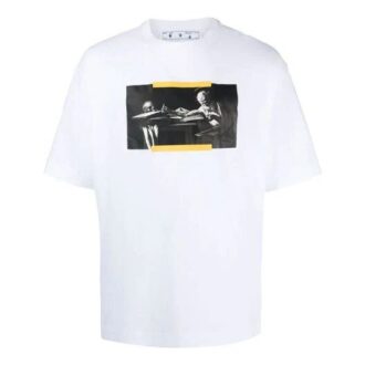 Off-White Men’ s FW21 Caravaggio Pattern Printing Round Neck Short Sleeve Slim Fit White T-Shirt