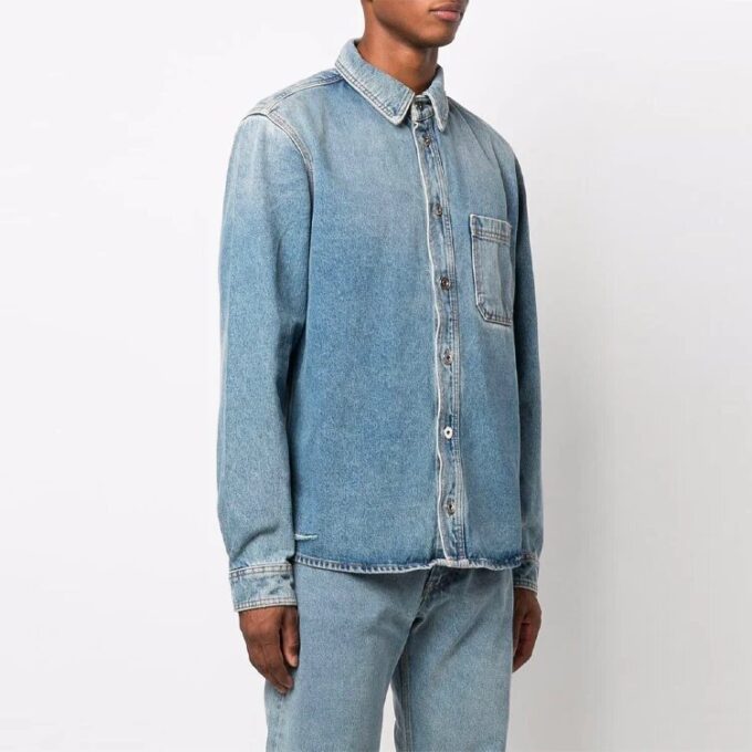 Off-White Men’ s FW21 Casual Distress Denim Long Sleeves Loose Fit Blue Shirt