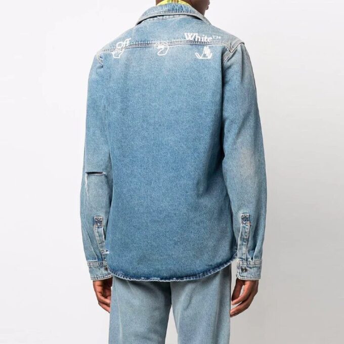 Off-White Men’ s FW21 Casual Distress Denim Long Sleeves Loose Fit Blue Shirt